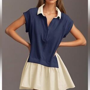 Navy Blue Top with Cream Ruffle Hem Dress